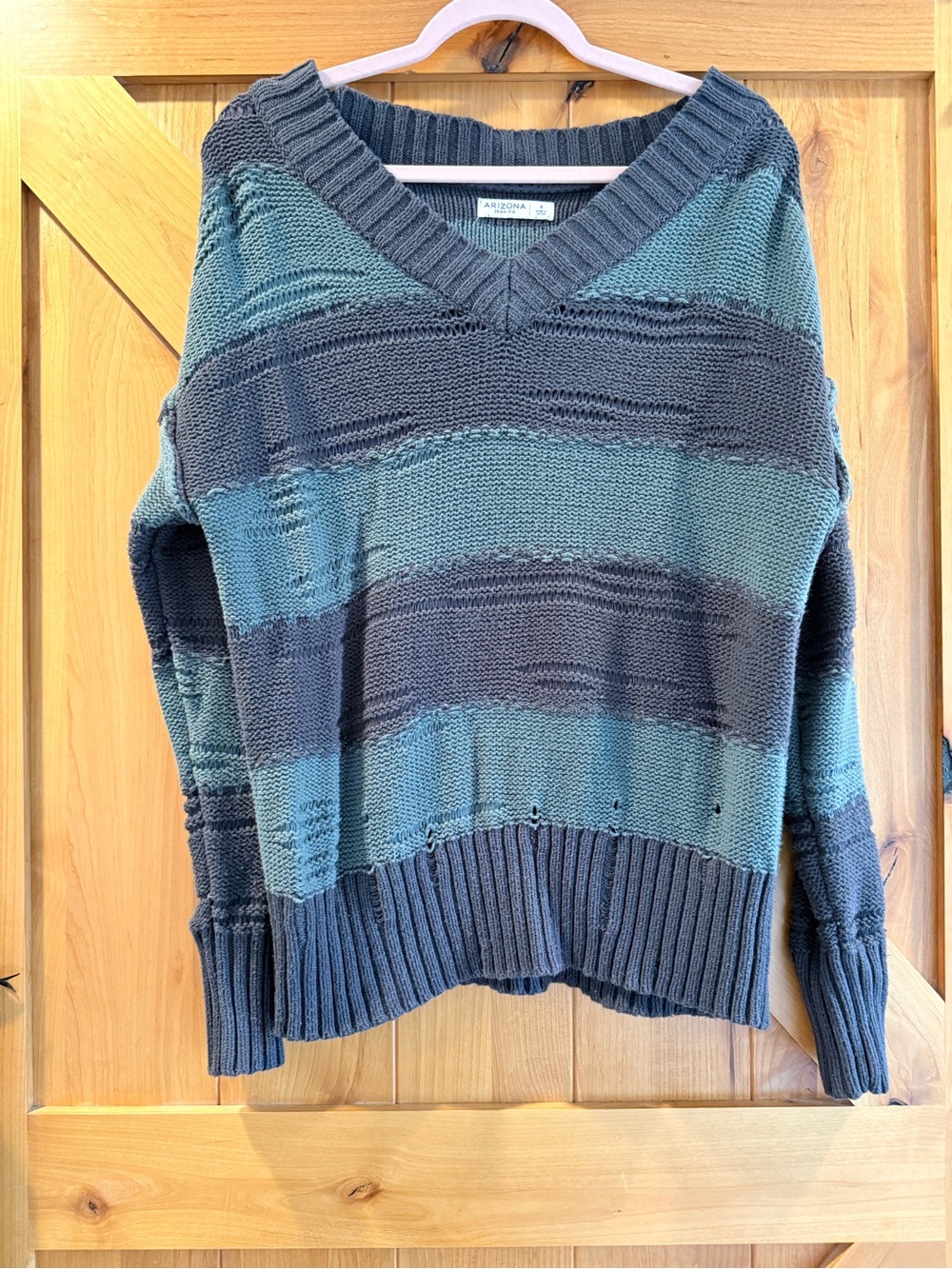 Arizona Jean Company Women's Oversized Striped V-Neck Sweater - Teal & Charcoal